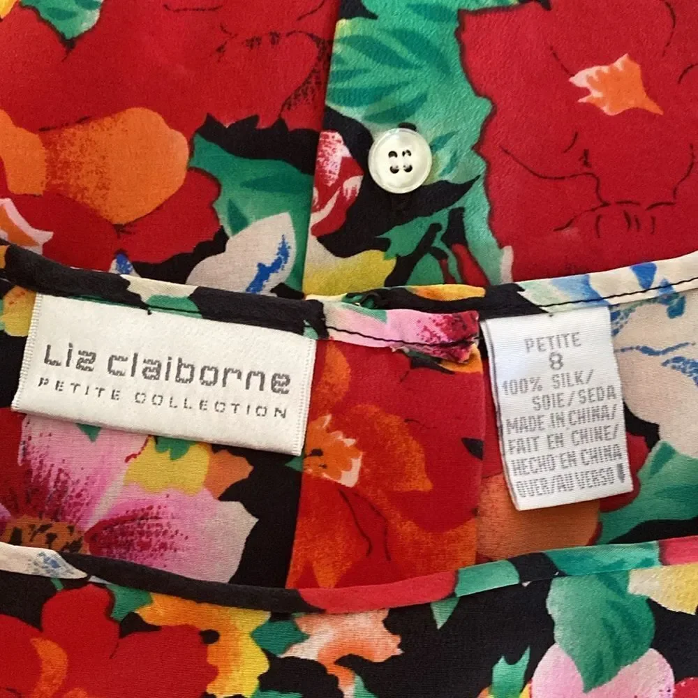 Vintage 90's Silk Floral Liz Claiborne Short Sleeve Shirt w/ Button Back Size 8P